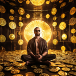meditating in a room of gold coins